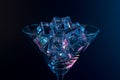 Martini glass with ice cubes in neon holographic vibrant pink and blue colors. Minimal celebration concept