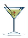 Martini glass with liquor, olive and swizzle stick