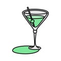 Martini glass with olive outline icon on white background. Colored cartoon sketch graphic design. Doodle style. Hand drawn image.