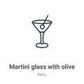Martini glass with olive outline vector icon. Thin line black martini glass with olive icon, flat vector simple element