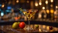 Martini glass, olives at the bar drink alcohol beverage cocktail cold party liquid cool Royalty Free Stock Photo