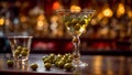 Martini glass, olives bar drink fresh transparent fresh cold cool vermouth beverage Royalty Free Stock Photo