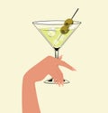 Martini glass with olives. Hand drawn alcohol cocktail with hand. Retro style. Vector illustration Royalty Free Stock Photo