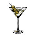 Martini glass with olives. Hand drawn alcohol cocktail, vector illustration isolated on white Royalty Free Stock Photo