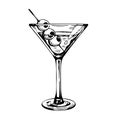 Martini glass with olives. Hand drawn alcohol cocktail, vector sketch Royalty Free Stock Photo