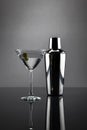 Martini glass and shaker on grey background Royalty Free Stock Photo