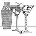 martini glasses with olives and shaker in the style of Zenart, doodle, zentangle, black and white still life