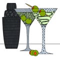 Martini glasses with olives and shaker in the style of zenart, doodle, zentangle, black and white still life