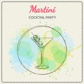 Martini. Hand drawn vector illustration of cocktail. Colorful watercolor background Royalty Free Stock Photo