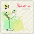 Martini. Hand drawn vector illustration of cocktail. Colorful watercolor background Royalty Free Stock Photo