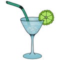 Martini with ice cubes and a slice of lime. Refreshing cocktail. Vector illustration. Isolated white background. Cartoon style. Royalty Free Stock Photo