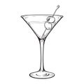 Martini with olive alcoholic cocktail in glass isolated on white background hand drawn vintage style line art vector illustration. Royalty Free Stock Photo