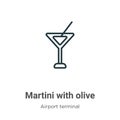 Martini with olive outline vector icon. Thin line black martini with olive icon, flat vector simple element illustration from