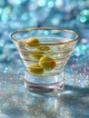 Martini with olives in a glass, sparkling blue background Royalty Free Stock Photo