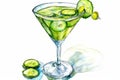 Martini with pickled cucumber in a glass on a white isolated background, watercolor illustration. Royalty Free Stock Photo