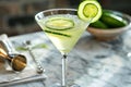 Martini with pickled cucumber and ice in a glass on the table Royalty Free Stock Photo