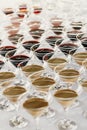 Martini rows on table at wedding reception. Cocktails and red and white martini in glasses at alcohol bar at wedding or christmas