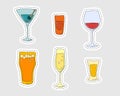 Martini rum red wine beer champagne tequila glassware as a sticker. Cartoon sketch graphic design. Doodle style. Colored hand Royalty Free Stock Photo
