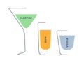 Martini, rum and vodka glass in minimalist linear style on white backdrop. Contour of glassware on left side in form of fine black Royalty Free Stock Photo