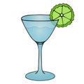 Martini with a slice of lime. Colored vector illustration. Isolated white background. Cartoon style. Refreshing cocktail.