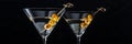 Martini, two glasses with spicy olives panorama, on a black background Royalty Free Stock Photo