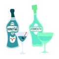 Martini and vermouth bottle and wineglass on white background. Cartoon sketch graphic design. Doodle style. Hand drawn image.