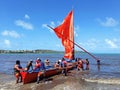 Martinique island yawls and crew in caribbean sea under tropical blue sky. Traditional navigation.