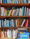 used books on public library shelf. Close up of Shelves with reading books. Bookshelf In Library With Royalty Free Stock Photo