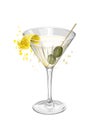 Martini cocktail illustration with green olives and a twist of lemon Royalty Free Stock Photo
