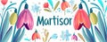 Martisor celebrating postcard with lettering and snowdrops flower. Baba Marta holiday concept. Martenitsa