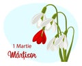 Martisor, Moldavian and Romanian holiday of the beginning of spring. Bouquet of white and red snowdrops. Floral spring background