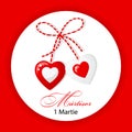 Martisor, red and white symbol of the beginning of spring, Bulgarian, Moldavian and Romanian holiday. Holiday card, banner