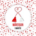 Martisor, red and white symbol of spring on the background of hearts. Traditional spring holiday in Romania and Moldova. March 1