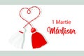Martisor, red and white symbol of spring. Traditional spring holiday in Romania and Moldova. March 1.Holiday card, banner