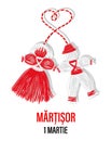 Martisor, red and white symbol of spring. Traditional spring holiday in Romania and Moldova. March 1.Holiday card, banner
