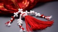 Martisor, red and white, yarn floss thread, holiday of welcoming spring in Moldova and Romania, celebrated on March