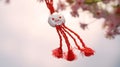Martisor, red and white, yarn floss thread, holiday of welcoming spring in Moldova and Romania, celebrated on March