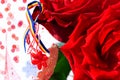 Martisor with Romanian tricolor elements, red roses and decorative holiday background. Moldavian and Romanian spring and love Royalty Free Stock Photo