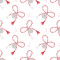 Martisor talismans, gifts, traditional accessories and dots vector seamless pattern background for Martisor holiday celebration.