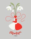Martisor. Traditional holiday accessory talisman Martenitsa with snowdrop flowers. Symbol for spring beginning. 1 March