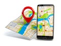 Martphone and pin on city map. Mobile GPS navigation travel and touriism concept