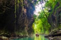 MARTVILI, GEORGIA: Beautiful natural Martvili canyon with view of the mountain river, christal blue water and boat ride.