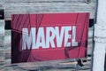 Marvel comics shop logo brand and text sign front of boutique library books Royalty Free Stock Photo