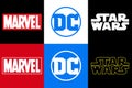 Marvel DC and Star Wars, set of popular film studio logo, Vector editorial illustration