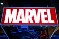 Marvel logo in Hamleys store. Marvel Comics Group is a publisher of American comic books and related media Royalty Free Stock Photo