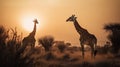 Marvel at the majestic sight of two giraffes against the backdrop of a vibrant sunset, a captivating image that celebrates the