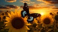 Radiant Ulysses Butterfly: A Vivid Jewel Amidst a Sunflower Wonderland