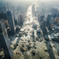 City Inundation: Aerial View of Towering Skyscrapers Engulfed by Water