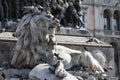 The marvellous lion statue in front of Duomo milano, The mistery line head statue in front of Famous white Architectural cathedral