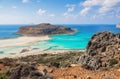 Marvelous landscape of a rocky hill, Balos beach with fantastic white sand and three seas: Ionian, Aegean and Libyan. Great summer Royalty Free Stock Photo